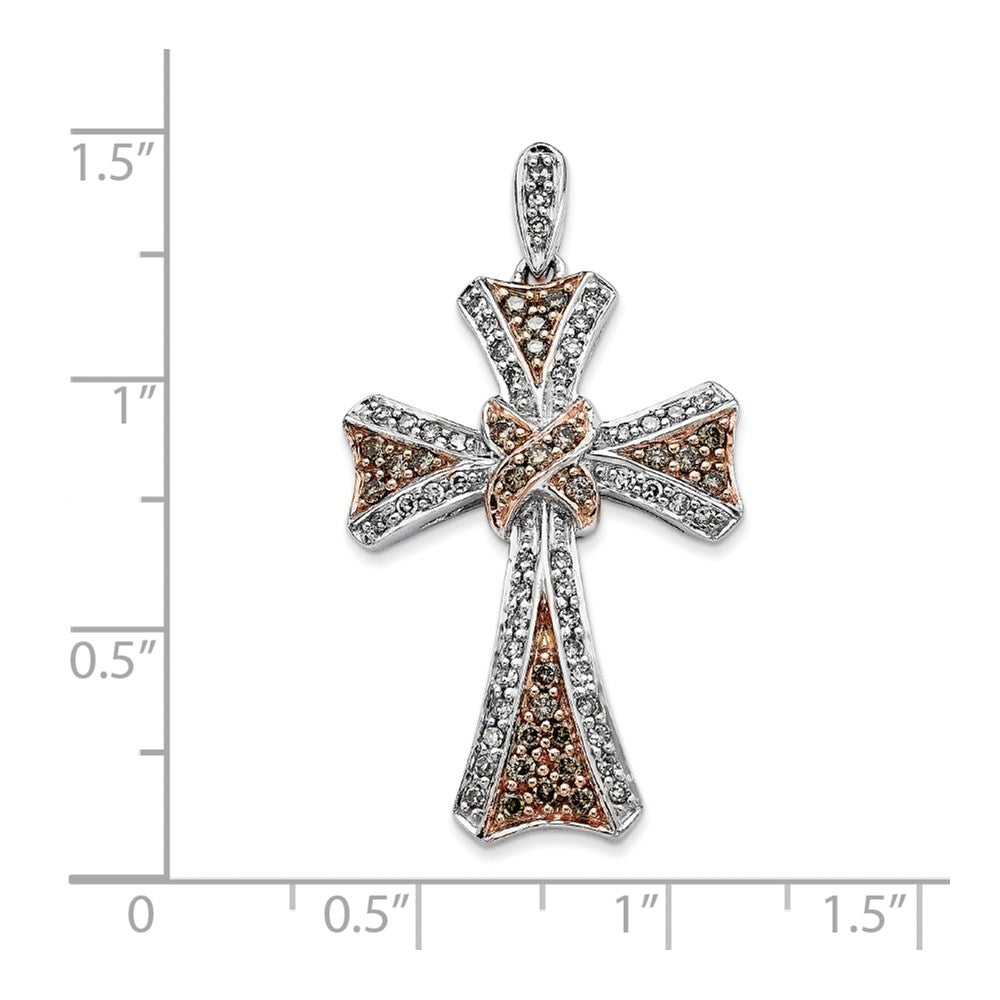 14K White Gold and Rose Rhodium Champagne and White Diamond Cross Pendant