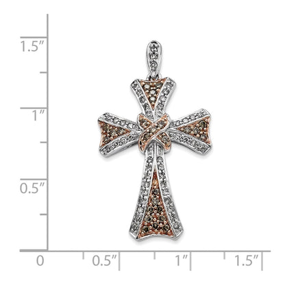 14K White Gold and Rose Rhodium Champagne and White Diamond Cross Pendant