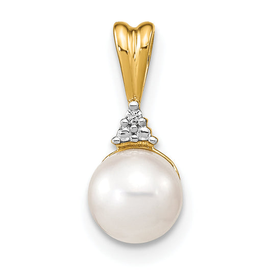 14K Yellow Gold 6 7mm White Round Fw Cultured Pearl And Diamond Pendant