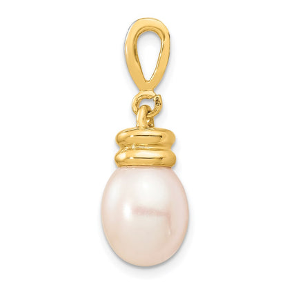 14K Yellow Gold 9 10mm White Rice Freshwater Cultured Pearl .06Tw Diamond Pendant