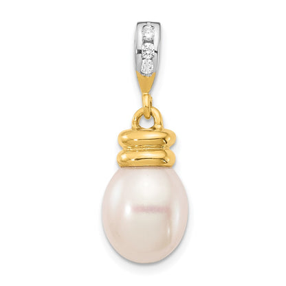 14K Yellow Gold 9 10mm White Rice Freshwater Cultured Pearl .06Tw Diamond Pendant
