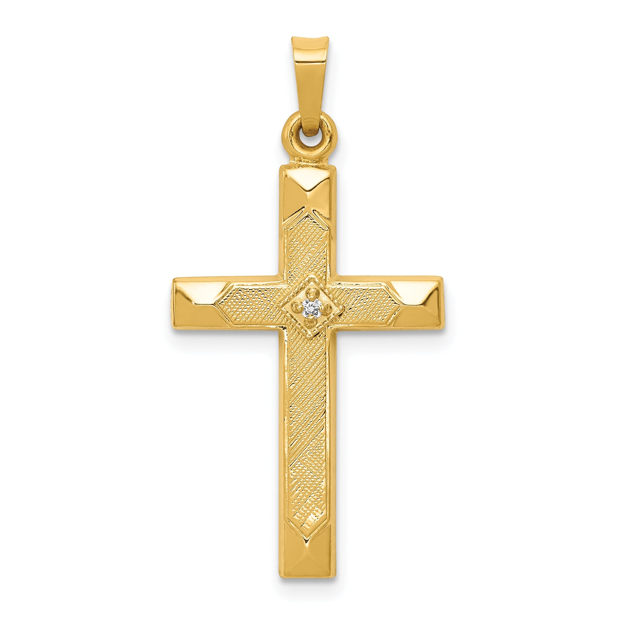 14K Yellow Gold Textured And Polished Diamond Cross Pendant