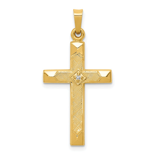 14K Yellow Gold Textured And Polished Diamond Cross Pendant
