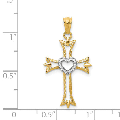 14k Yellow & Rhodium 14K w/Rhodium Diamond Cut Cross With Heart Pendant