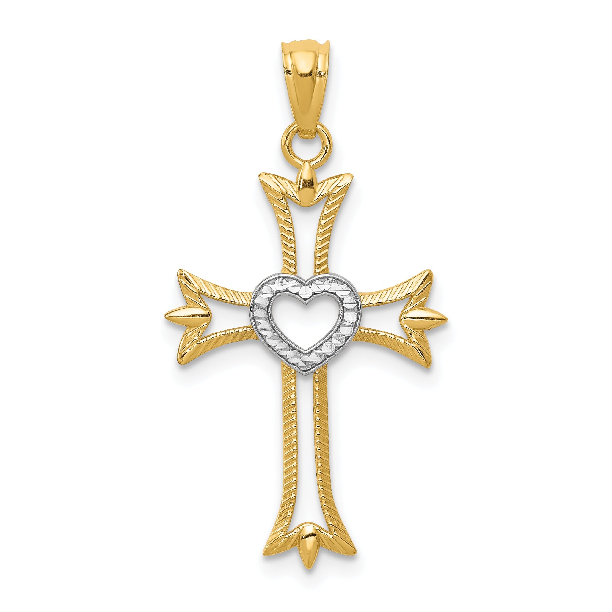 14k Yellow & Rhodium 14K w/Rhodium Diamond Cut Cross With Heart Pendant