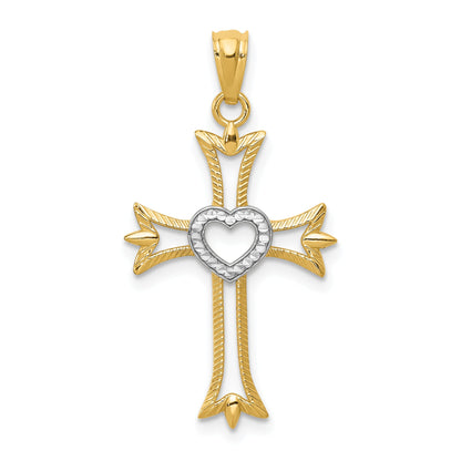 14k Yellow & Rhodium 14K w/Rhodium Diamond Cut Cross With Heart Pendant