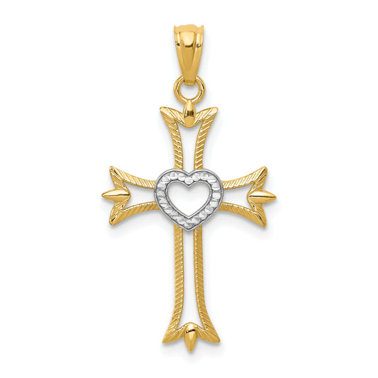 14k Yellow & Rhodium 14K w/Rhodium Diamond Cut Cross With Heart Pendant