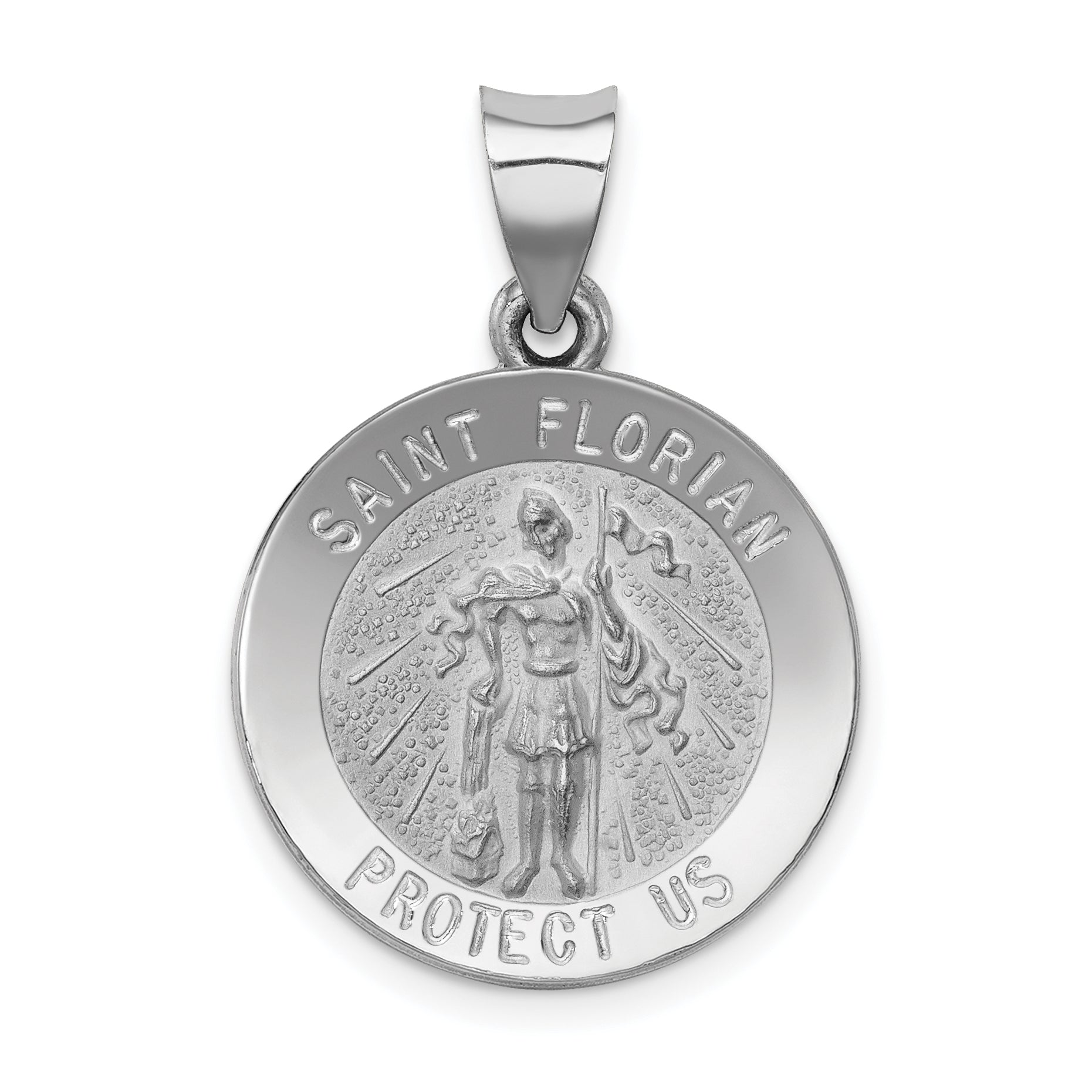 14k White Gold 14k White Gold Polished and Satin St Florian Medal Hollow Pendant