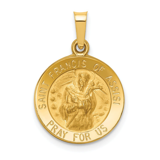 14k Yellow Gold 14k Polished and Satin St Francis of Assisi Medal Hollow Pendant