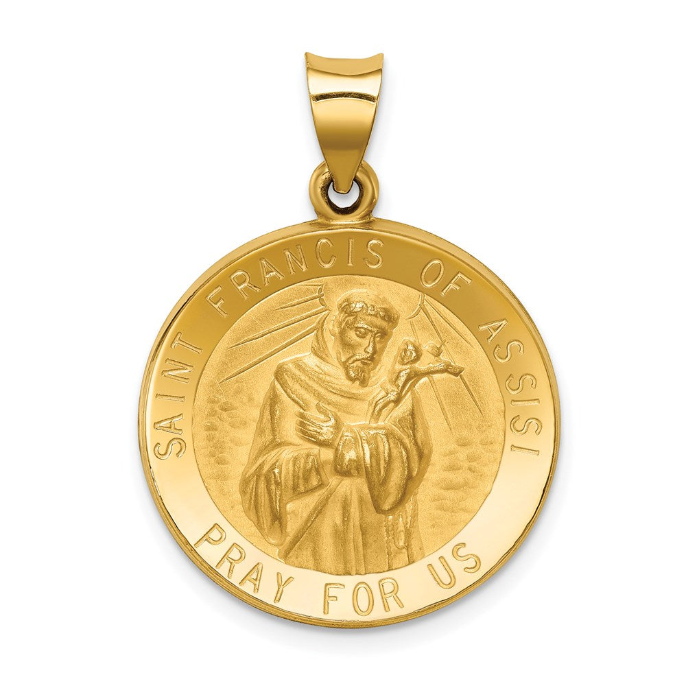 14k Yellow Gold 14k Polished and Satin St Francis of Assisi Medal Hollow Pendant