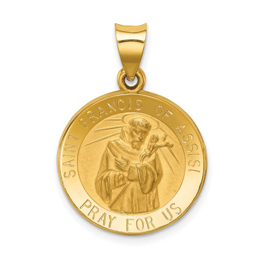 14k Yellow Gold 14k Polished and Satin St Francis of Assisi Medal Hollow Pendant