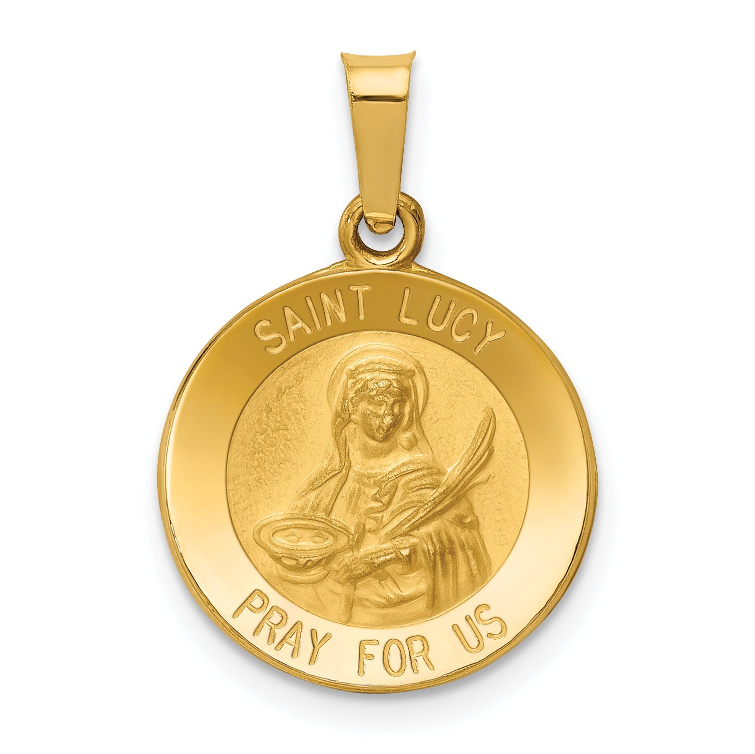 14k Yellow Gold 14k Polished and Satin St Lucy Medal Hollow Pendant