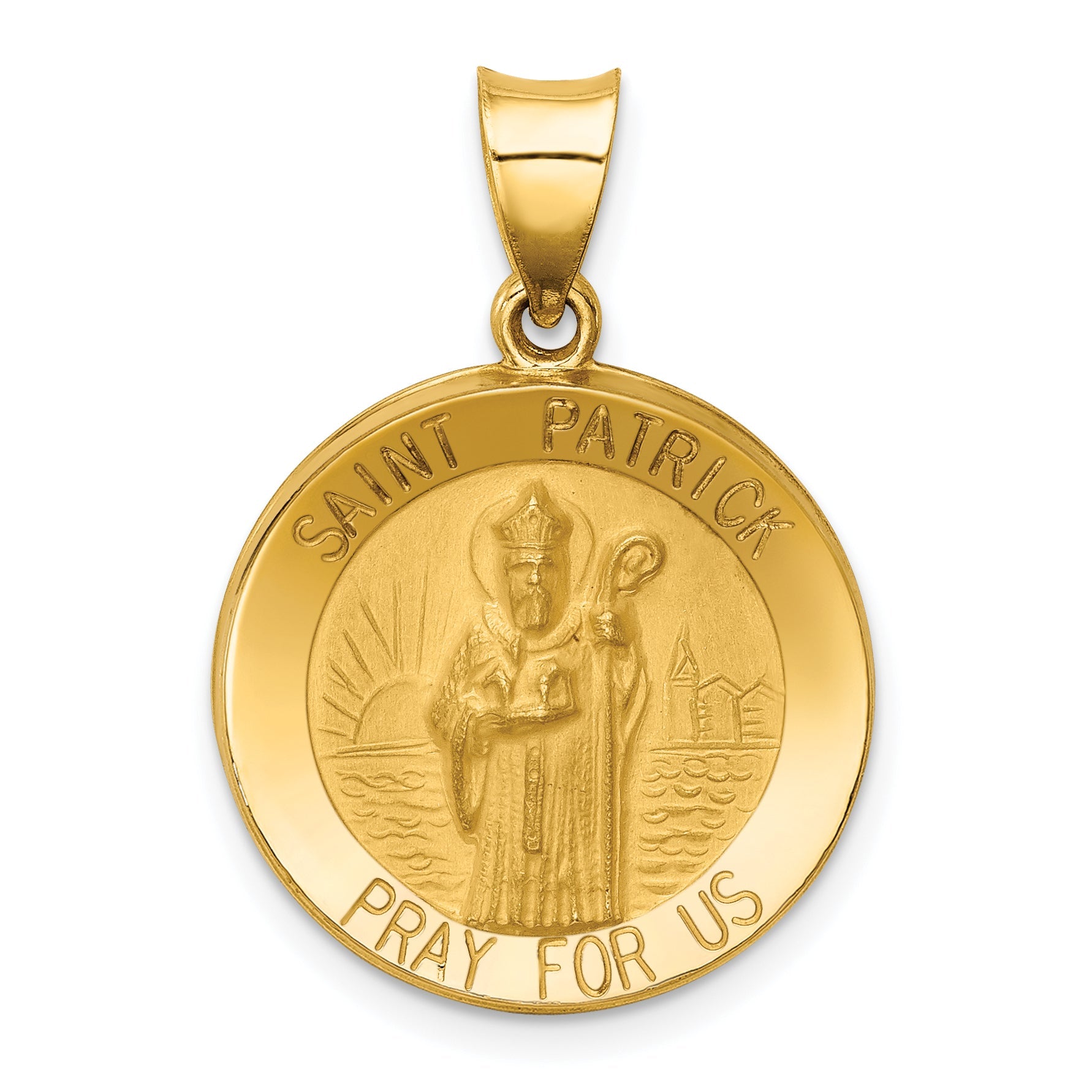 14k Yellow Gold 14k Polished and Satin St Patrick Medal Hollow Pendant