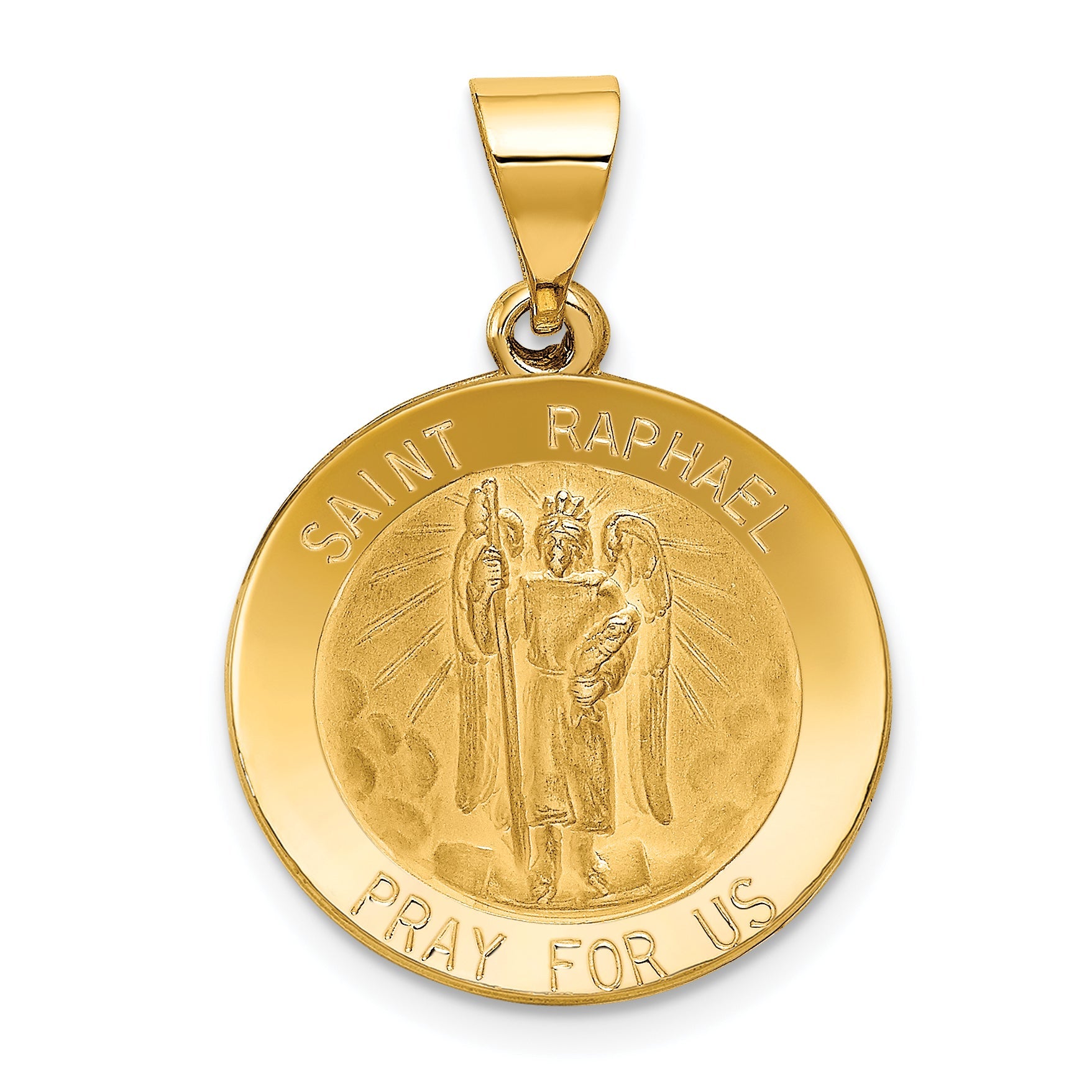 14k Yellow Gold 14k Polished and Satin St Raphael Medal Hollow Pendant