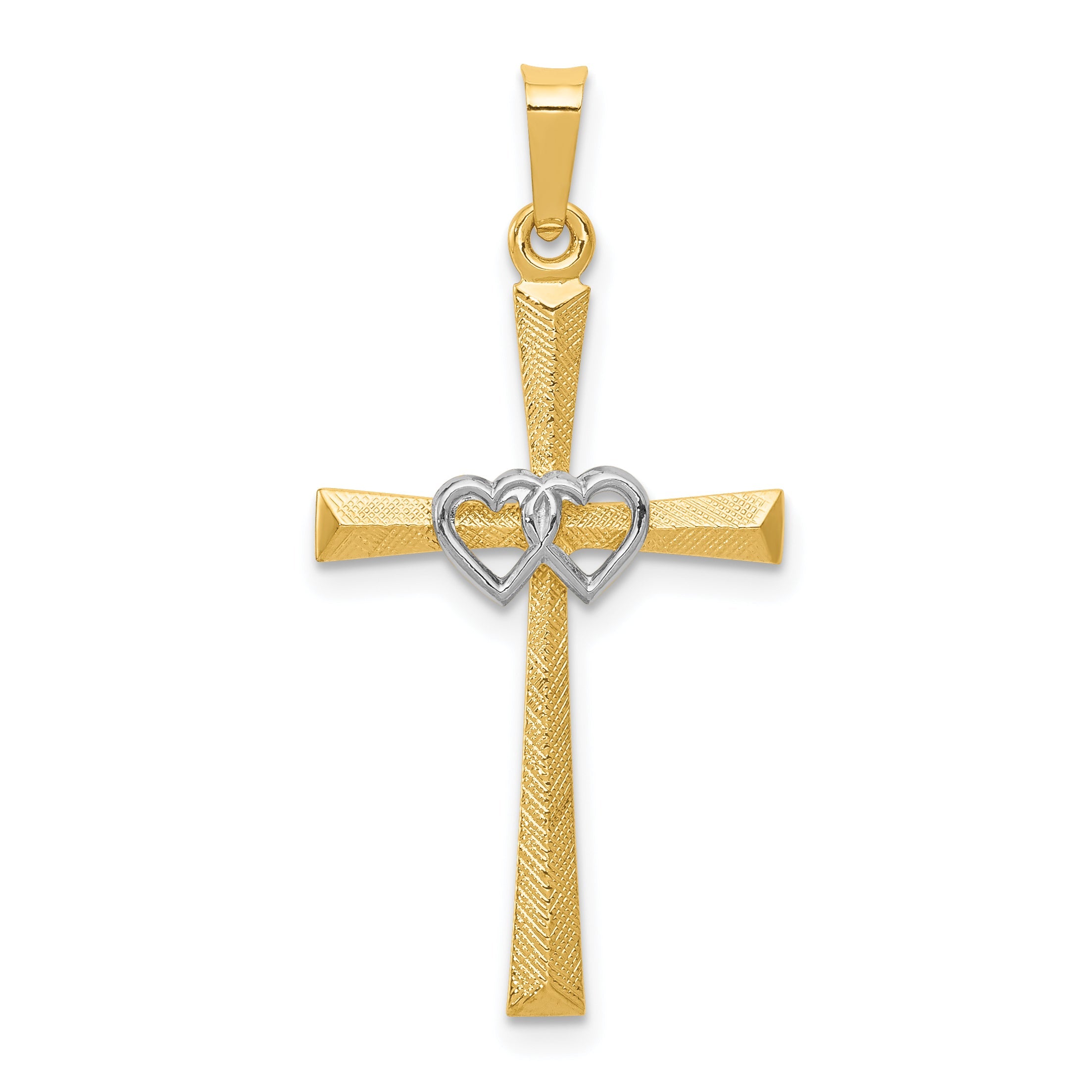 14k Two-tone 14K Two-tone Textured and Polished Latin Cross w/ Hearts Pendant