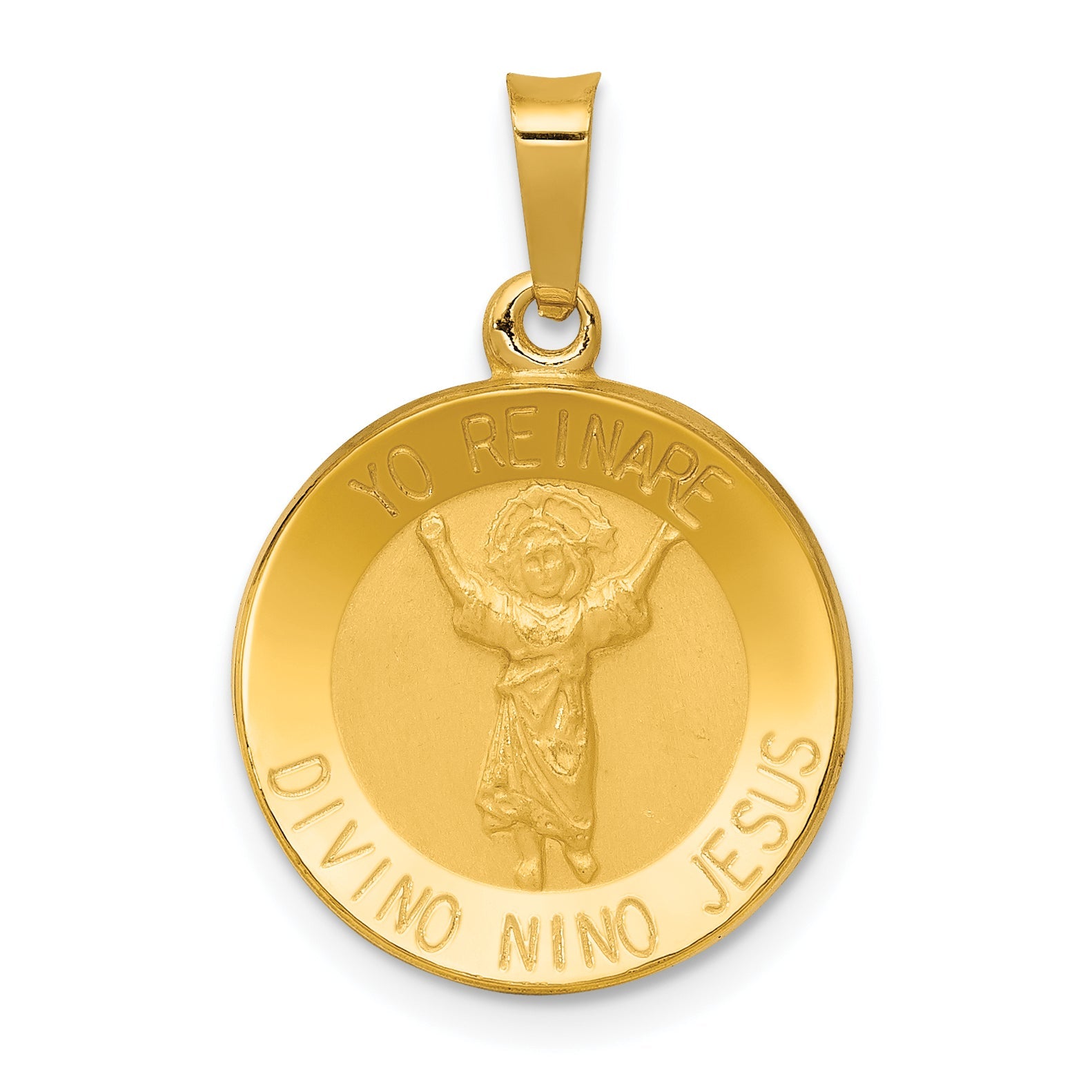 14k Yellow Gold 14K Polished Satin Hollow Divino Nino Round Medal Pendant