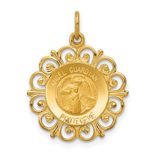 14k Yellow Gold 14k Polished/Satin Spanish Guardian Angel Medal Hollow Pendant