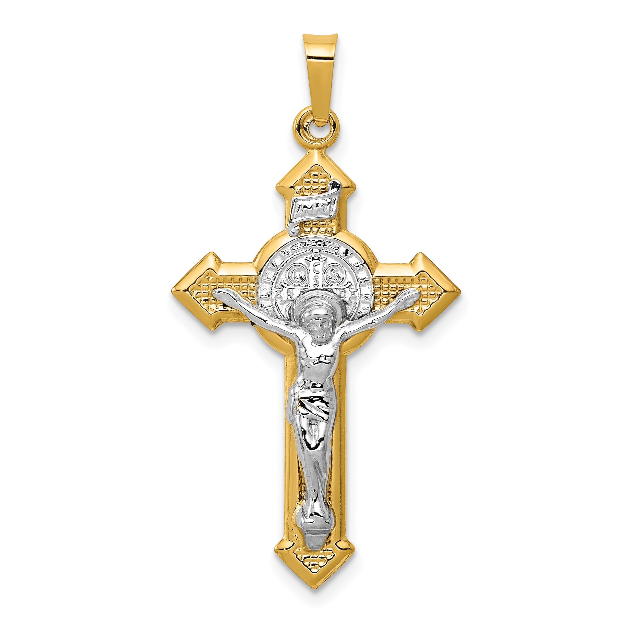 14k Yellow & Rhodium 14k w/Rhodium St. Benedict Hollow Medal INRI Crucifix Pendant