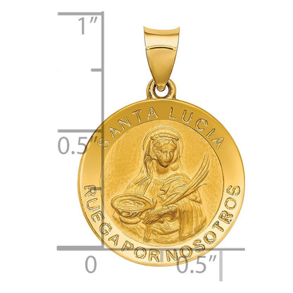 14K Yellow Gold Polished / Satin Hollow Spanish St. Lucy Medal Pendant
