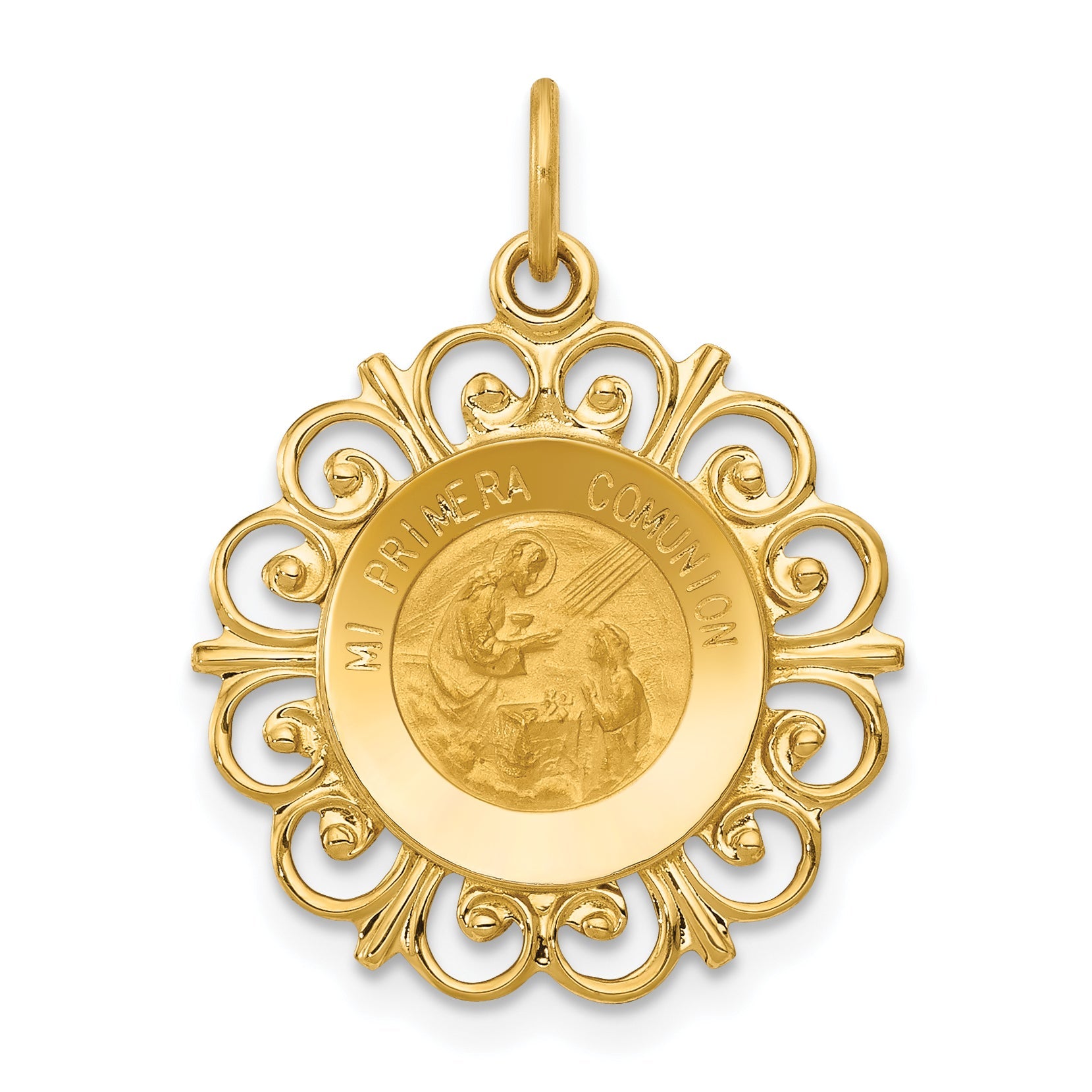 14k Yellow Gold 14k Polished/Satin Spanish 1st Communion Medal Hollow Pendant