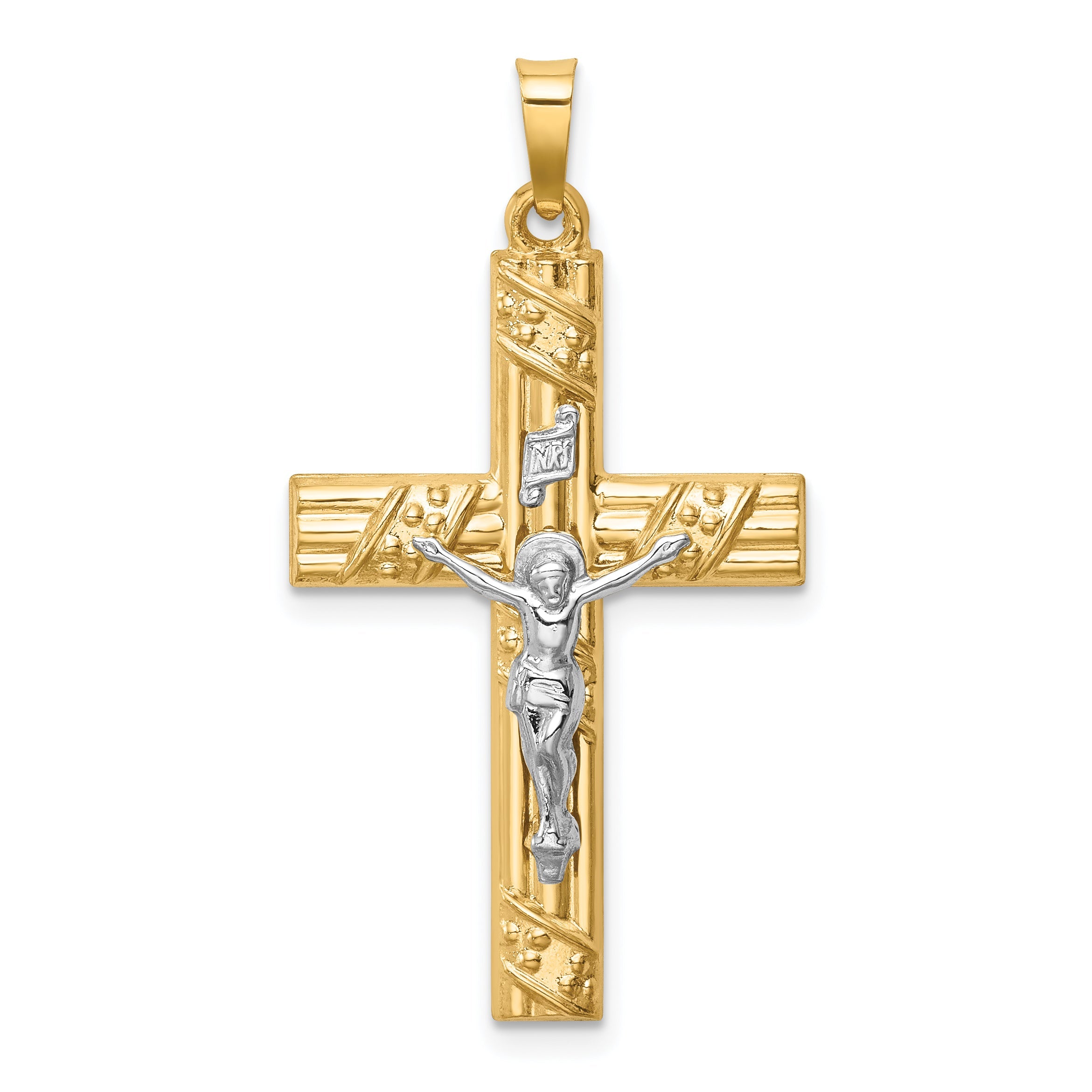 14k Two-tone 14k Two-tone Hollow Polished Textured & Striped Latin Crucifix