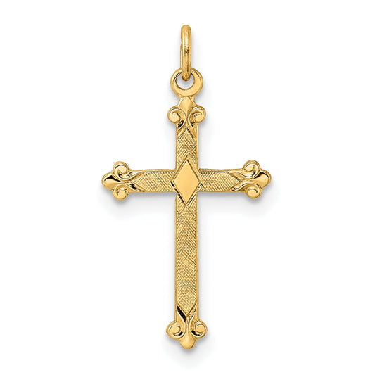 14k Yellow Gold 14k Polished and Textured Solid Diamond Shape Cross Pendant