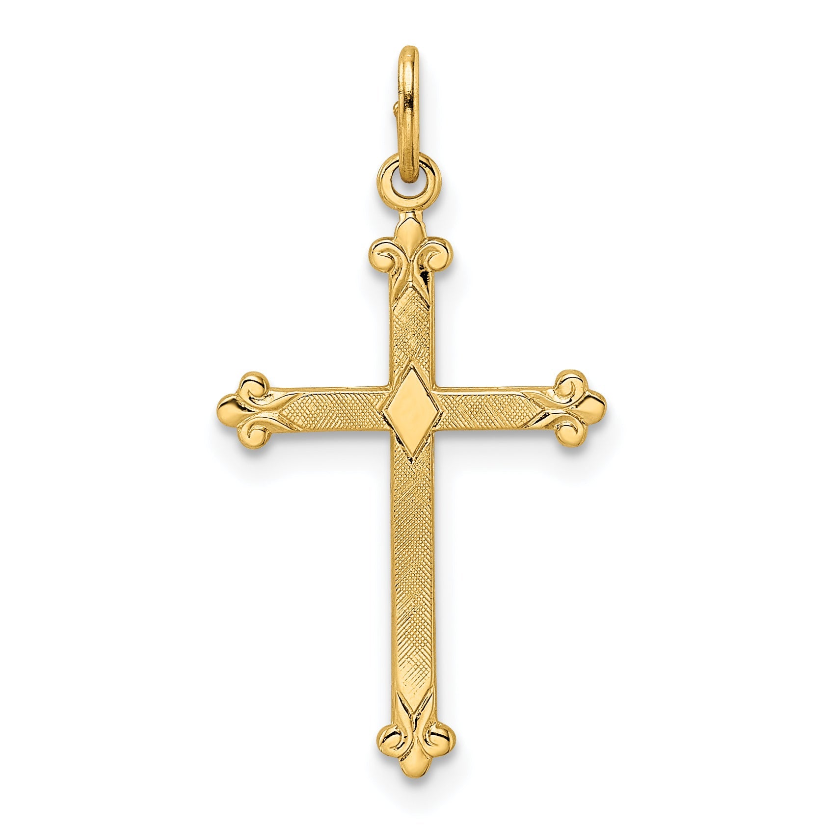 14k Yellow Gold 14k Polished and Textured Solid Diamond Shape Cross Pendant