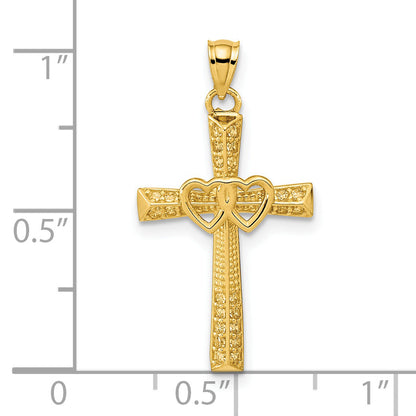 14k Yellow Gold 14K Cross with Double Hearts CZ Pendant