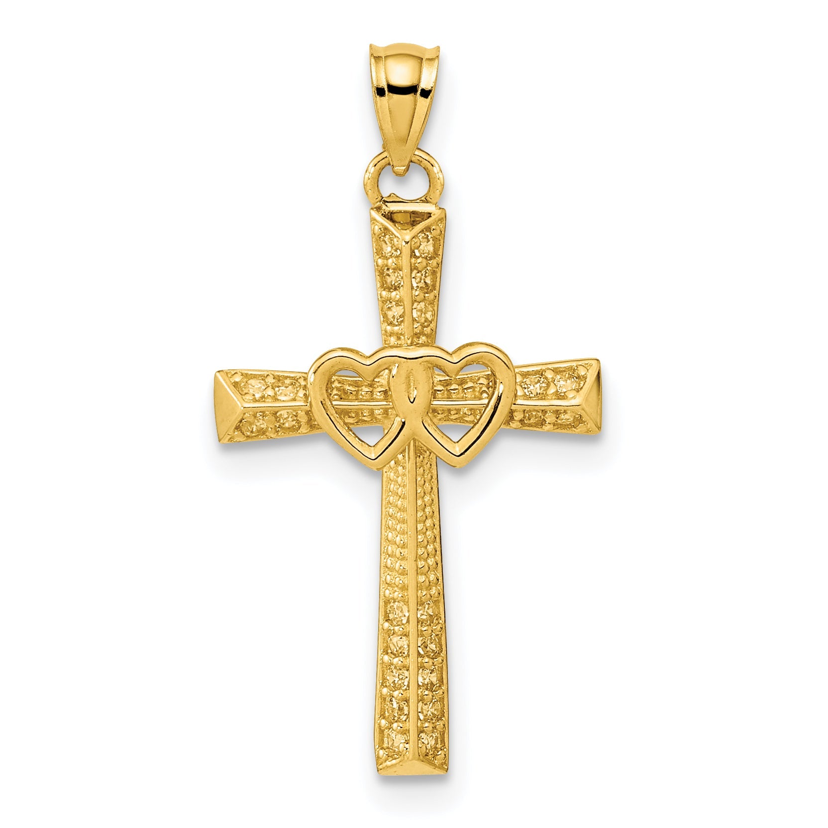 14k Yellow Gold 14K Cross with Double Hearts CZ Pendant