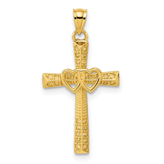 14k Yellow Gold 14K Cross with Double Hearts CZ Pendant