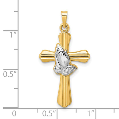 14K Yellow & Rhodium Polished Hollow Praying Hands Cross Pendant