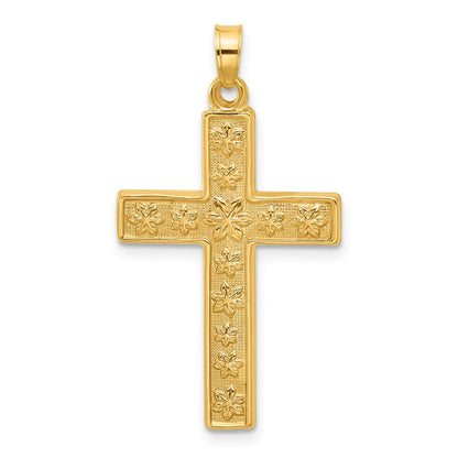 14K Yellow Gold Polished and Textured Floral Cross Pendant