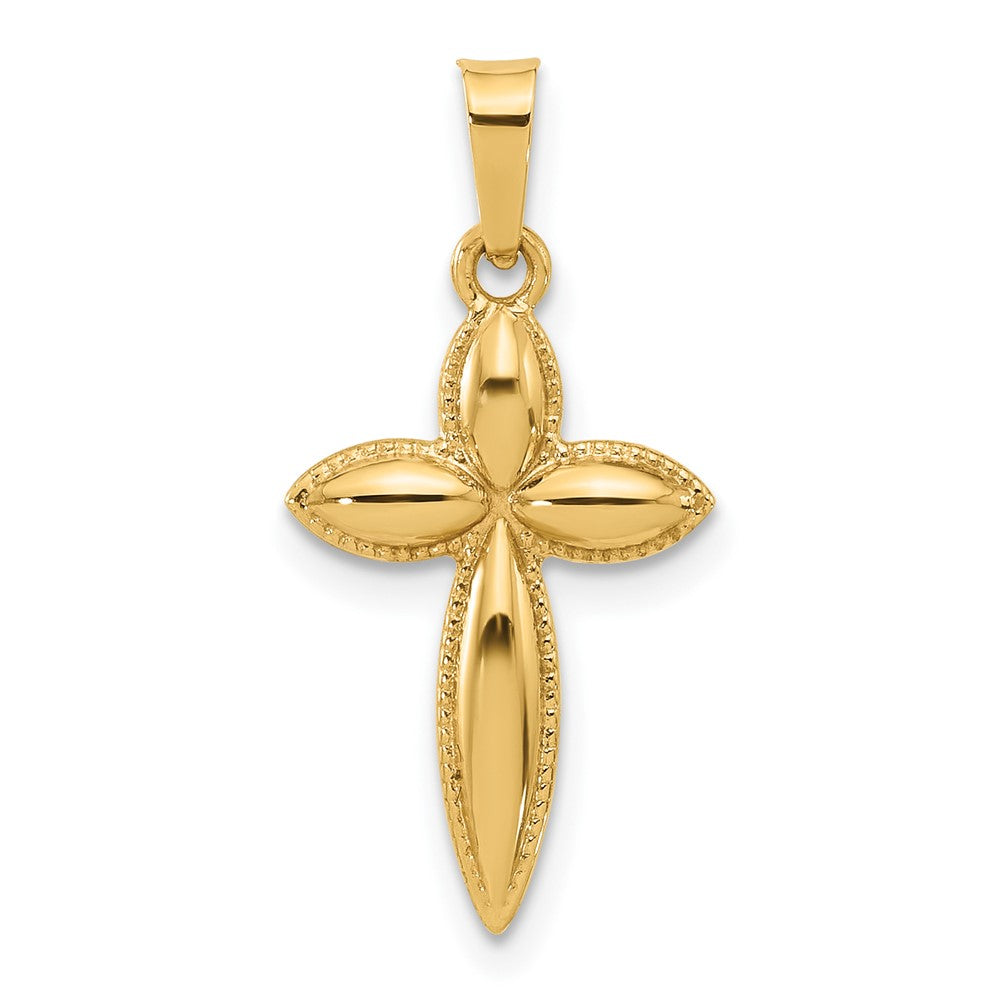 14K Yellow Gold Polished and Beaded Hollow Edge Passion Cross Pendant
