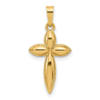 14K Yellow Gold Polished and Beaded Hollow Edge Passion Cross Pendant