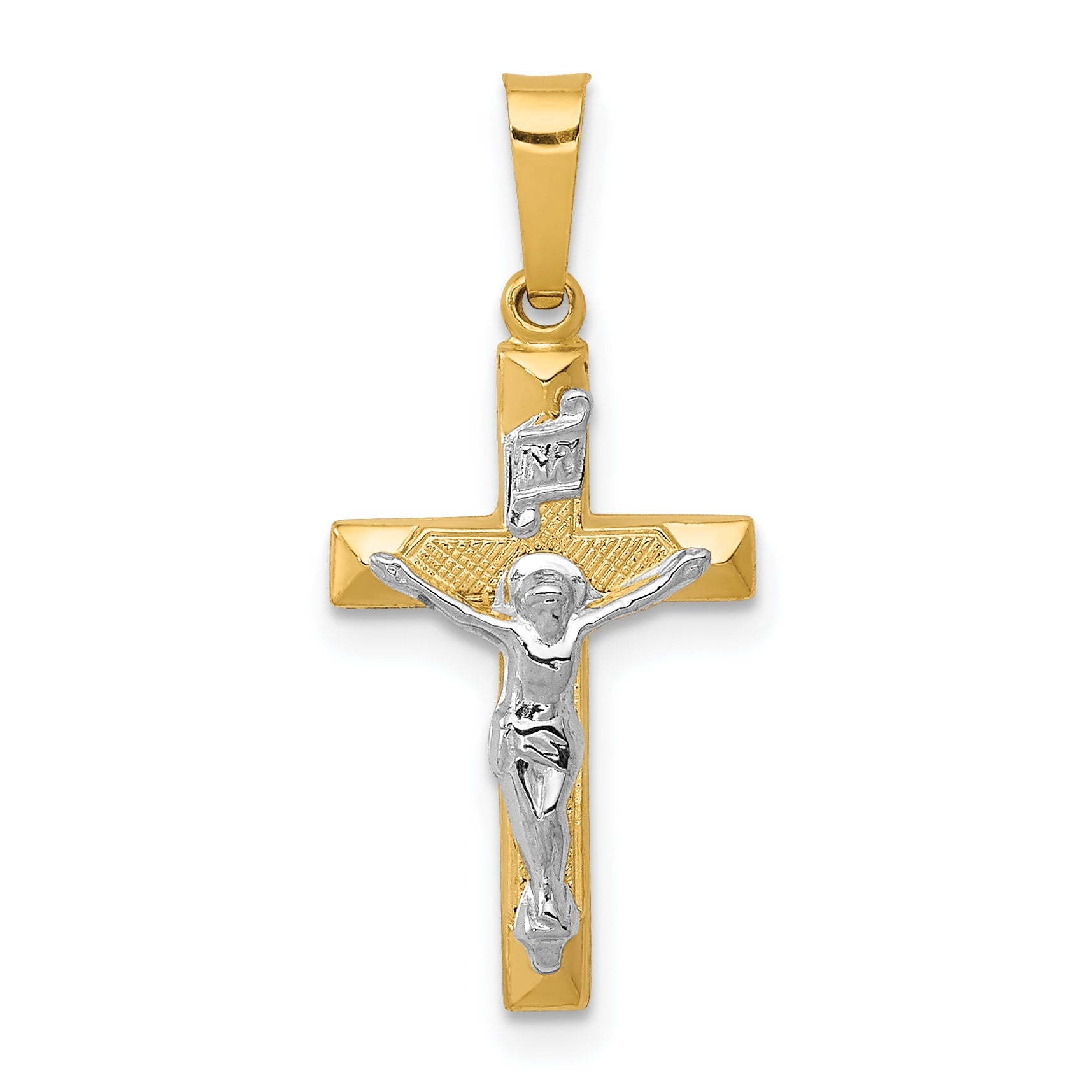 14K Two Tone Inri Hollow Crucifix Pendant