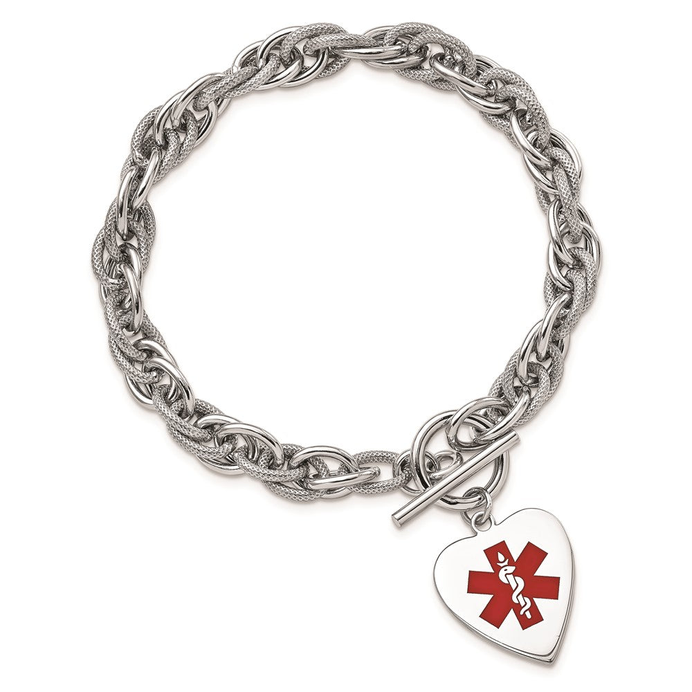Sterling Silver Rhodium Engraveable Enamel Heart Medical Id Bracelet