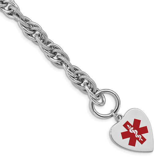 Sterling Silver Rhodium Engraveable Enamel Heart Medical Id Bracelet