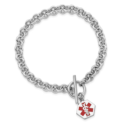 Sterling Silver Rhodium Engraveable Enamel Hexagon Medical Id Bracelet