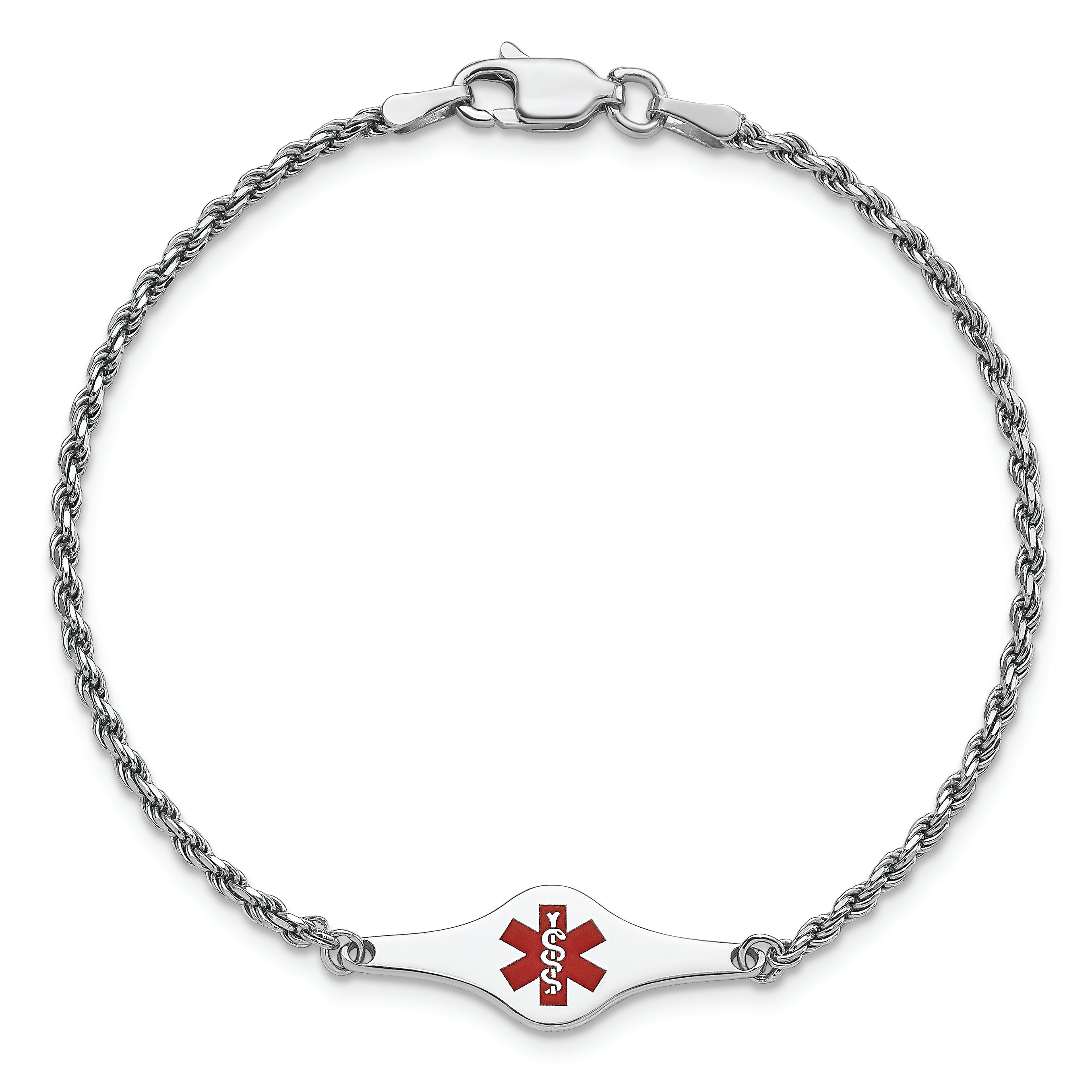 Sterling Silver Rhodium Plated Medical Id Rope Link Bracelet