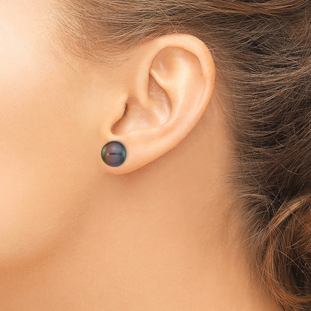 14K White Gold 10-11mm Black Button Freshwater Cultured Pearl Stud Post Earrings