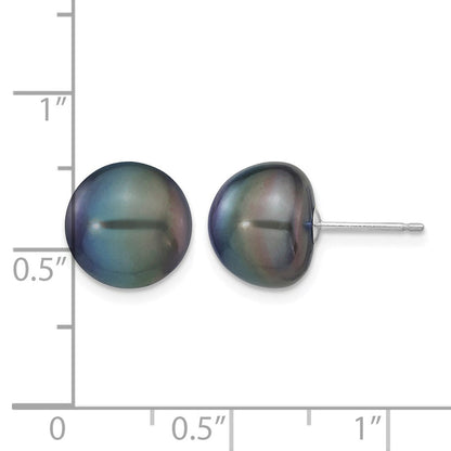 14K White Gold 10-11mm Black Button Freshwater Cultured Pearl Stud Post Earrings