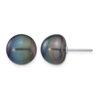 14K White Gold 10-11mm Black Button Freshwater Cultured Pearl Stud Post Earrings