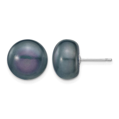 14K White Gold 11-12mm Black Button Freshwater Cultured Pearl Stud Post Earrings
