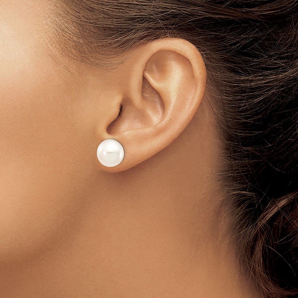 14K White Gold 11 12mm Button Freshwater Cultured Pearl Stud Post Earrings