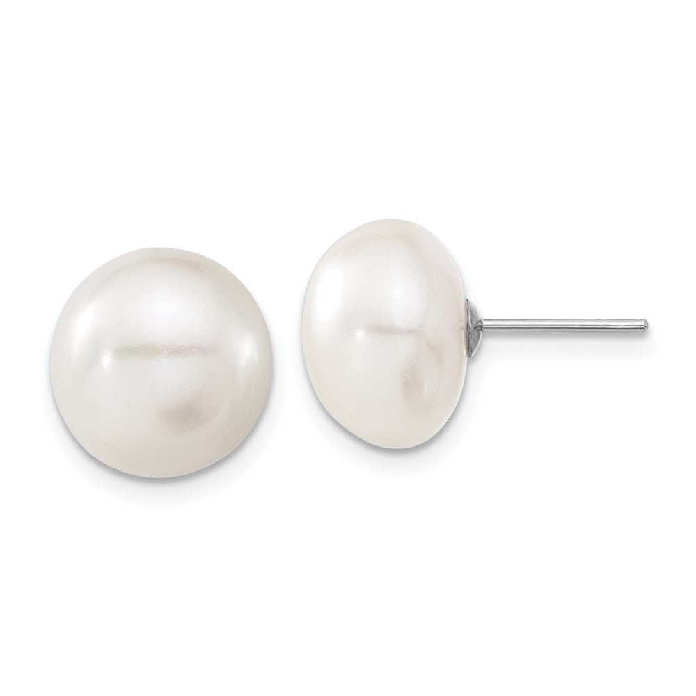 14K White Gold 11 12mm Button Freshwater Cultured Pearl Stud Post Earrings
