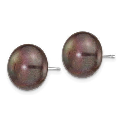 14K White Gold 12 13mm Black Button Freshwater Cultured Pearl Stud Post Earrings