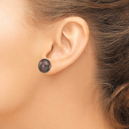 14K White Gold 12 13mm Black Button Freshwater Cultured Pearl Stud Post Earrings