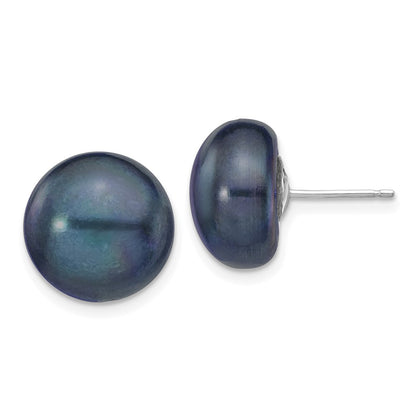 14K White Gold 12 13mm Black Button Freshwater Cultured Pearl Stud Post Earrings