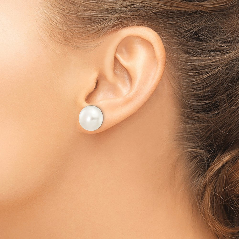 14K White Gold 12 13mm Button Freshwater Cultured Pearl Stud Post Earrings