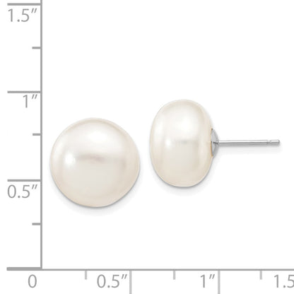 14K White Gold 12 13mm Button Freshwater Cultured Pearl Stud Post Earrings